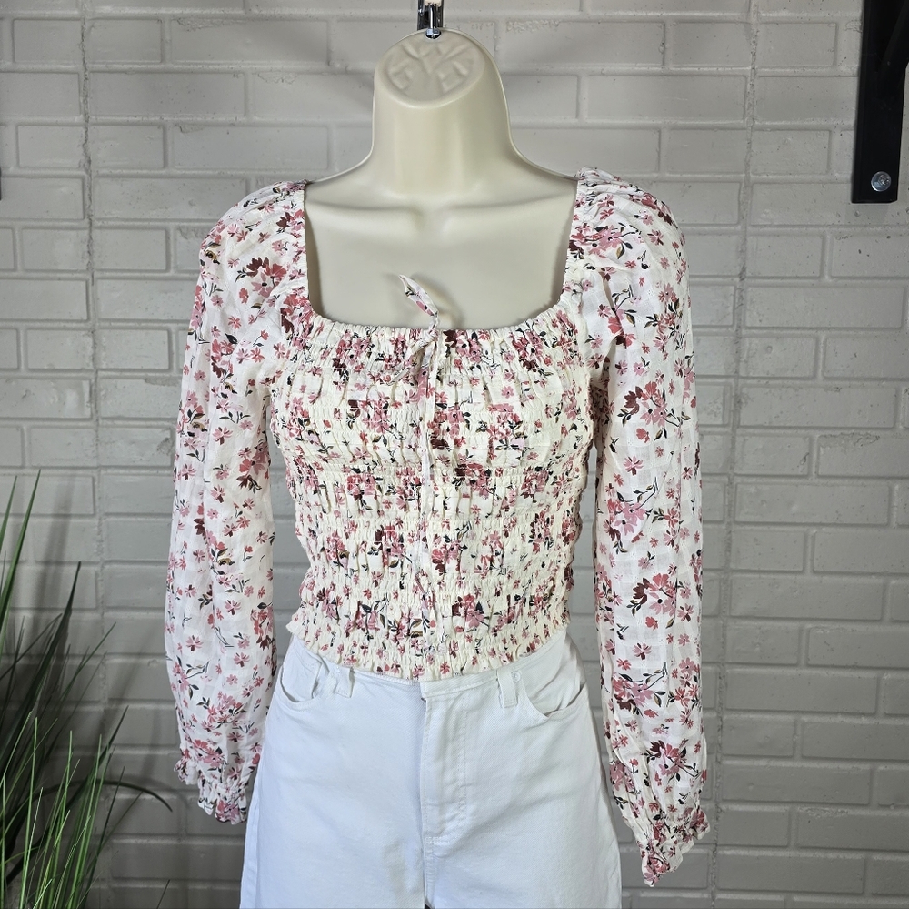 American Eagle White Smocked Floral Square Neck Long Puff Sleeve Top XS